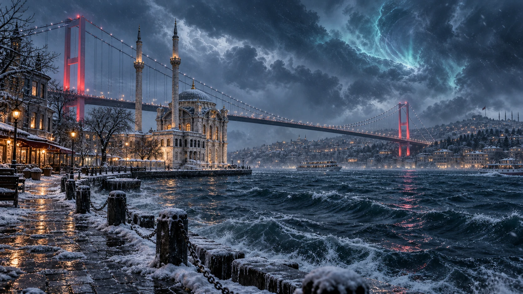 Buzlar içindeki İstanbul ve Boğaz Köprüsü