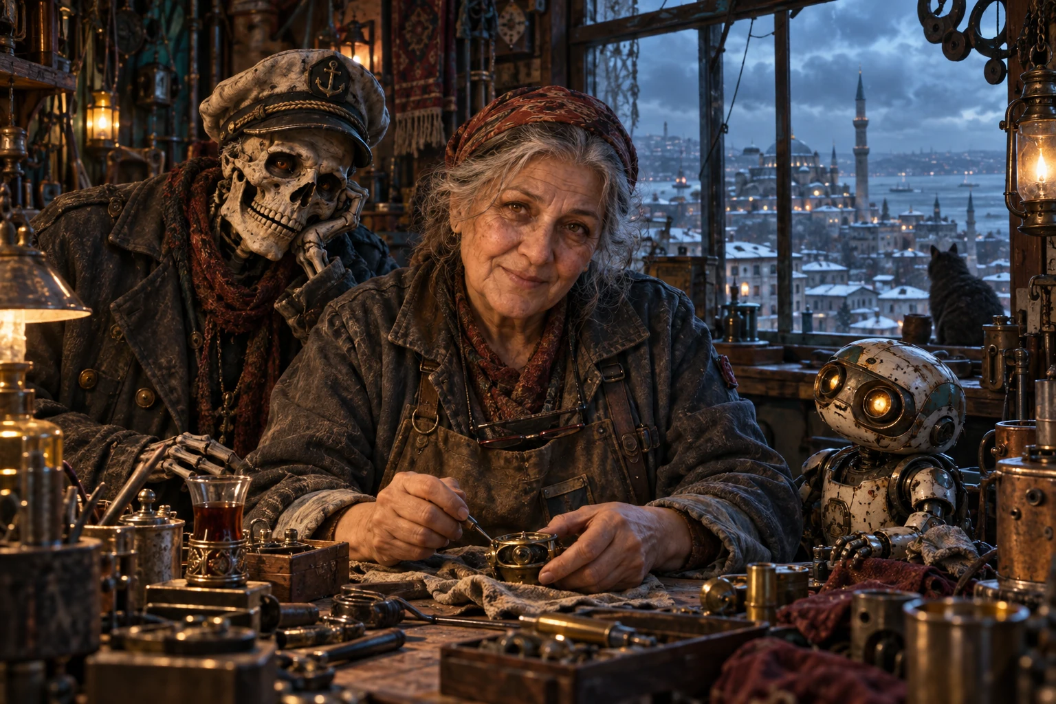 Bir atölyede mekanik ustası, denizci ve küçük robot